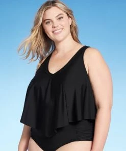 Outlet ✨ Women's Plus Size Plunge Crop Tankini Top - Kona Sol™ Black 🔔 -Swimsuits Official Site unnamed file 10224
