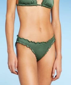 Discount 👍 Juniors' Shiny Ribbed Ruffle Cheeky Bikini Bottom - Xhilaration™ Moss Green 👍 -Swimsuits Official Site unnamed file 1377