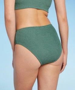 Best Sale ⭐ Women's Crinkle Textured Mid-Rise Medium Coverage Bikini Bottom - Kona Sol™ Moss Green 🔥