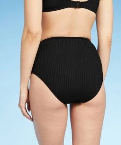 Cheap ⭐ Women's Ribbed Textured High Waist Medium Coverage Bikini Bottom - Kona Sol™ Black ✨