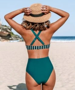 Budget ❤️ Women's High Waisted Bikini Set Swimsuit Teal Striped Crisscross Bathing Suits-Cupshe 💯