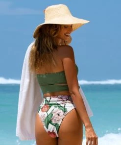 Coupon ๐งจ Women's High Waisted Bikini Set Swimsuit Floral Print Strapless Bathing Suit -Cupshe ๐