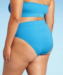 Best Pirce 🧨 Juniors' Plus Size Ribbed High Waist Bikini Bottom - Xhilaration™ Blue ⌛