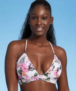 Budget 💯 Women's Lightly Lined Twist-Front Plunge Bikini Top - Shade & Shore™ White Tropical Print 🧨 -Swimsuits Official Site unnamed file 3424