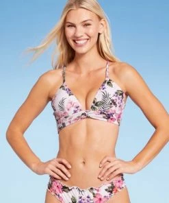 Budget 💯 Women's Lightly Lined Twist-Front Plunge Bikini Top - Shade & Shore™ White Tropical Print 🧨 -Swimsuits Official Site unnamed file 3437