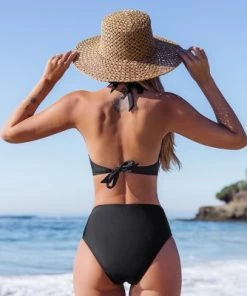 Flash Sale 🛒 Women's Black Halter Self Tie Bikini Set V Neck Backless Swimsuit - Cupshe, S 😍
