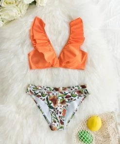 Best Sale ⭐ Women's Orange Ruffle Bikini with Floral Bottom - Cupshe 🔔