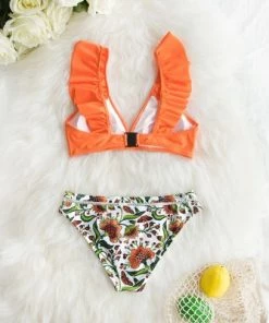 Best Sale ⭐ Women's Orange Ruffle Bikini with Floral Bottom - Cupshe 🔔 -Swimsuits Official Site unnamed file 416