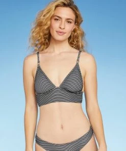 Hot Sale 🌟 Women's Textured Longline Triangle Bikini Top - Shade & Shore™ Black/White Stripe ⌛ -Swimsuits Official Site unnamed file 4318