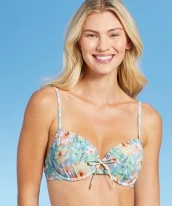 Budget ❤️ Women's Lightly Lined Ruffle Detail Tie-Front Bikini Top - Shade & Shore™ Light Blue Floral 😀 -Swimsuits Official Site unnamed file 4392