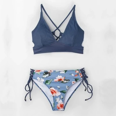 Best Pirce 👏 Women's Blue And Floral Lace Up Mid Rise Bikini - Cupshe 🎁 4 Best Pirce 👏 Women's Blue And Floral Lace Up Mid Rise Bikini - Cupshe 🎁 - Image 2