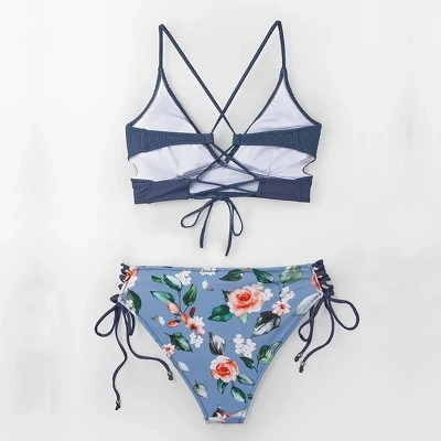 Best Pirce 👏 Women's Blue And Floral Lace Up Mid Rise Bikini - Cupshe 🎁 6 Best Pirce 👏 Women's Blue And Floral Lace Up Mid Rise Bikini - Cupshe 🎁 - Image 4