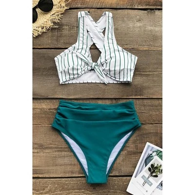 Cheapest 👏 Women's Teal Solid and Striped knotted Front High Waisted Bikini - Cupshe 😀 5 Cheapest 👏 Women's Teal Solid and Striped knotted Front High Waisted Bikini - Cupshe 😀 - Image 3