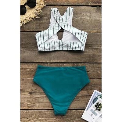 Cheapest 👏 Women's Teal Solid and Striped knotted Front High Waisted Bikini - Cupshe 😀 6 Cheapest 👏 Women's Teal Solid and Striped knotted Front High Waisted Bikini - Cupshe 😀 - Image 4