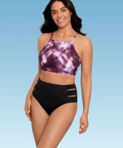 Promo ❤️ Women's Slimming Control High Neck Lace-Up Back Bikini Top - Beach Betty by Miracle Brands Purple ❤️ -Swimsuits Official Site unnamed file 5297