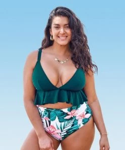 Brand new 🤩 Women's High Waisted Green and Floral Ruffled Plus Size Bikini - Cupshe 👏 -Swimsuits Official Site unnamed file 553
