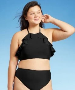 Brand new 🧨 Women's Double Ruffle High Neck Bikini Top - Sea Angel Black ✨ -Swimsuits Official Site unnamed file 5638