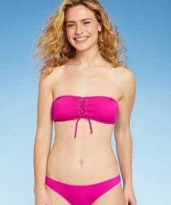 Best deal 😍 Women's Center Lace-Up Bandeau Bikini Top - Shade & Shore™ Fuschia Pink ⌛ -Swimsuits Official Site unnamed file 5664