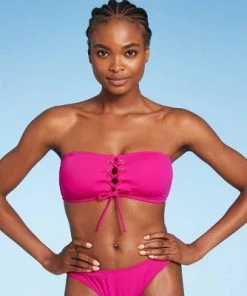 Best deal 😍 Women's Center Lace-Up Bandeau Bikini Top - Shade & Shore™ Fuschia Pink ⌛ -Swimsuits Official Site unnamed file 5669