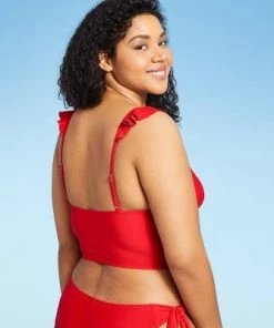 Budget 🎁 Women's Ruffle Shoulder Longline Bikini Top - Sea Angel Red 🌟 -Swimsuits Official Site unnamed file 5798