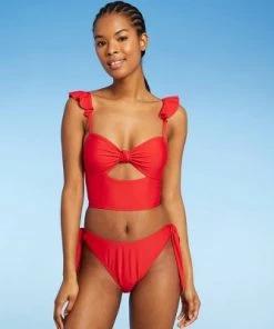 Budget 🎁 Women's Ruffle Shoulder Longline Bikini Top - Sea Angel Red 🌟 -Swimsuits Official Site unnamed file 5804