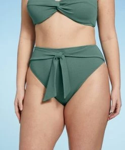 Cheapest 🔥 Women's Crepe Textured Tie-Front High Waist High Leg Extra Cheeky Bikini Bottom - Shade & Shore™ Cactus Green ⭐ -Swimsuits Official Site unnamed file 612