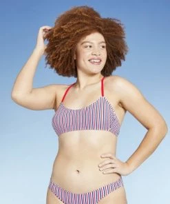 Hot Sale ✔️ Juniors' Ribbed Bralette Bikini Top - Xhilaration™ Red/White/Blue Stripe 🧨 -Swimsuits Official Site unnamed file 6138