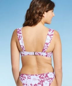 Flash Sale 🔥 Juniors' Ribbed Knot-Front Bralette Bikini Top - Xhilaration™ Berry Pink Floral Print ⌛
