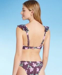 Budget ⭐ Women's Lightly Lined Ruffle Front Bikini Top - Shade & Shore™ Dusk Floral 😍