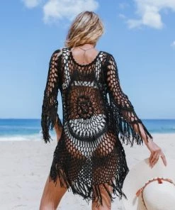 Outlet 🔔 Women's Black Swim Cover Up Crochet Tassel Three Quarter Sleeve Beachwear One Size - Cupshe 🤩