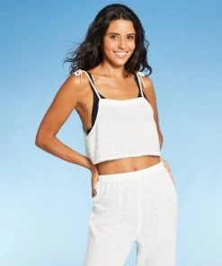 Budget ⌛ Juniors' Pom Pom Trim Cover Up Crop Top - Xhilaration™ Off-White ✔️ -Swimsuits Official Site unnamed file 6593