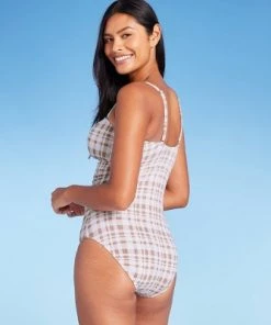 New 😀 Women's Textured Pique Tie-Front High Coverage One Piece Swimsuit - Kona Sol™ Multi Naturals 🤩