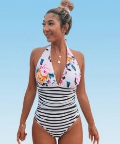 Best Sale 🌟 Women's Bold Floral and Stripe Halter One Piece Swimsuit - Cupshe ⌛ -Swimsuits Official Site unnamed file 6821