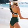 Best Pirce ✔️ Women's Dark Green Floral One Shoulder Ruffled High Waisted Bikini - Cupshe 🧨 -Swimsuits Official Site unnamed file 6858