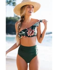 Best Pirce ✔️ Women's Dark Green Floral One Shoulder Ruffled High Waisted Bikini - Cupshe 🧨 -Swimsuits Official Site unnamed file 6861