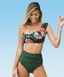 Best Pirce ✔️ Women's Dark Green Floral One Shoulder Ruffled High Waisted Bikini - Cupshe 🧨 -Swimsuits Official Site unnamed file 6863