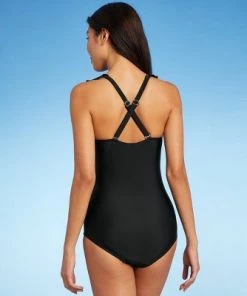 Hot Sale 🔥 Women's Ruffle Over the Shoulder High Coverage One Piece Swimsuit - Kona Sol™ Black ✔️