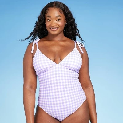 Hot Sale ❤️ Women's Shoulder Tie Gingham Medium Coverage One Piece Swimsuit - Kona Sol™ Silent Lilac 💯 4 Hot Sale ❤️ Women's Shoulder Tie Gingham Medium Coverage One Piece Swimsuit - Kona Sol™ Silent Lilac 💯 - Image 2