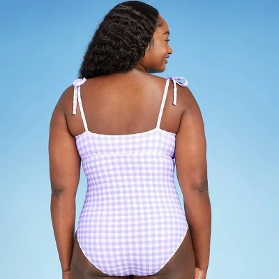 Hot Sale ❤️ Women's Shoulder Tie Gingham Medium Coverage One Piece Swimsuit - Kona Sol™ Silent Lilac 💯 5 Hot Sale ❤️ Women's Shoulder Tie Gingham Medium Coverage One Piece Swimsuit - Kona Sol™ Silent Lilac 💯 - Image 3