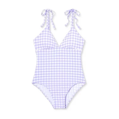 Hot Sale ❤️ Women's Shoulder Tie Gingham Medium Coverage One Piece Swimsuit - Kona Sol™ Silent Lilac 💯 6 Hot Sale ❤️ Women's Shoulder Tie Gingham Medium Coverage One Piece Swimsuit - Kona Sol™ Silent Lilac 💯 - Image 4