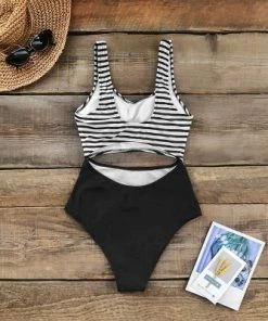 Deals 🎉 Women's One Piece Swimsuit Striped Cutout Wide Strap Swimwear Bathing Suit -Cupshe ⌛ -Swimsuits Official Site unnamed file 7025