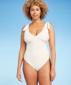 Deals 🤩 Women's Plunge Front Shoulder Tie Ribbed One Piece Swimsuit - Shade & Shore™ Cream 🛒 -Swimsuits Official Site unnamed file 7054