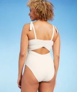 Deals 🤩 Women's Plunge Front Shoulder Tie Ribbed One Piece Swimsuit - Shade & Shore™ Cream 🛒 -Swimsuits Official Site unnamed file 7055