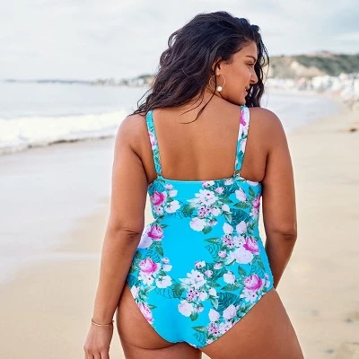 Deals ⌛ Women's Blue Floral Plus Size One Piece Strappy V Neck Bathing Suit - Cupshe ❤️ 3 Deals ⌛ Women's Blue Floral Plus Size One Piece Strappy V Neck Bathing Suit - Cupshe ❤️