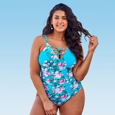 Deals ⌛ Women's Blue Floral Plus Size One Piece Strappy V Neck Bathing Suit - Cupshe ❤️ 7 Deals ⌛ Women's Blue Floral Plus Size One Piece Strappy V Neck Bathing Suit - Cupshe ❤️ - Image 5