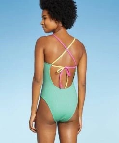 Budget ⭐ Juniors' Ribbed Colorblock Tie-Front One Piece Swimsuit - Xhilaration™ Multi 🎁