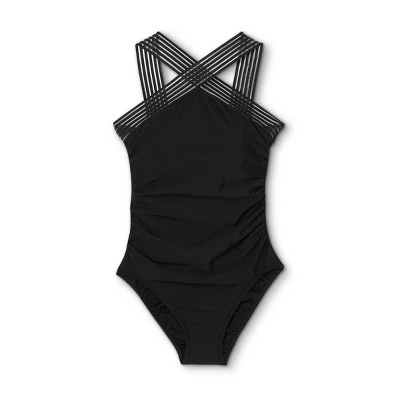 Budget 😀 Women's Crossover Neck Detail One Piece Swimsuit - Aqua Green® Black 🔔 6 Budget 😀 Women's Crossover Neck Detail One Piece Swimsuit - Aqua Green® Black 🔔 - Image 4