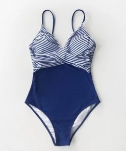 Budget 🎁 Women's Twist Front One Piece Swimsuit Blue Striped Bathing Suits - Cupshe 🤩