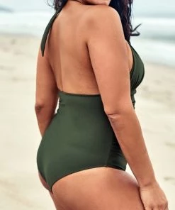 Wholesale 👍 Women's Green Plus Size One Piece Ruched Cutout Halter Self Tied Bathing Suit - Cupshe 🛒