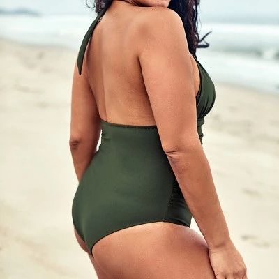 Wholesale ๐ Women's Green Plus Size One Piece Ruched Cutout Halter Self Tied Bathing Suit - Cupshe ๐ 3 Wholesale ๐ Women's Green Plus Size One Piece Ruched Cutout Halter Self Tied Bathing Suit - Cupshe ๐